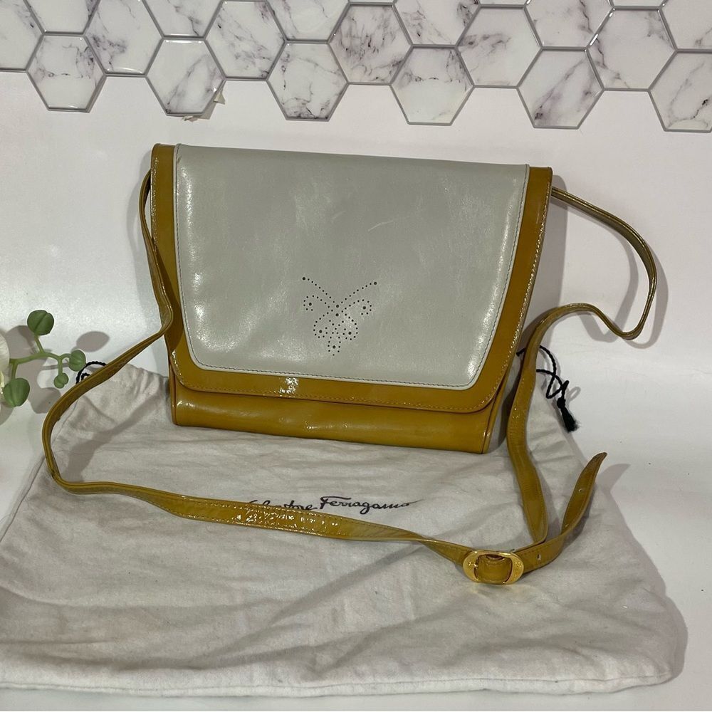 Salvatore Ferragamo Gray and Gold Patent Leather Women's Bag